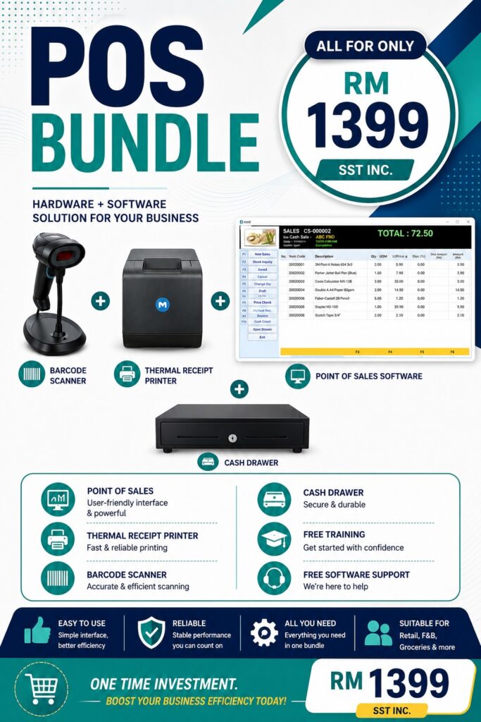 Synergy POS bundle RM1,399 with barcode scanner, thermal receipt printer and cash drawer