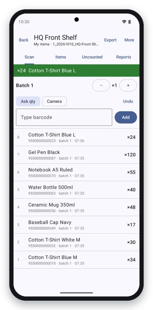 Android stock take app scanning a barcode