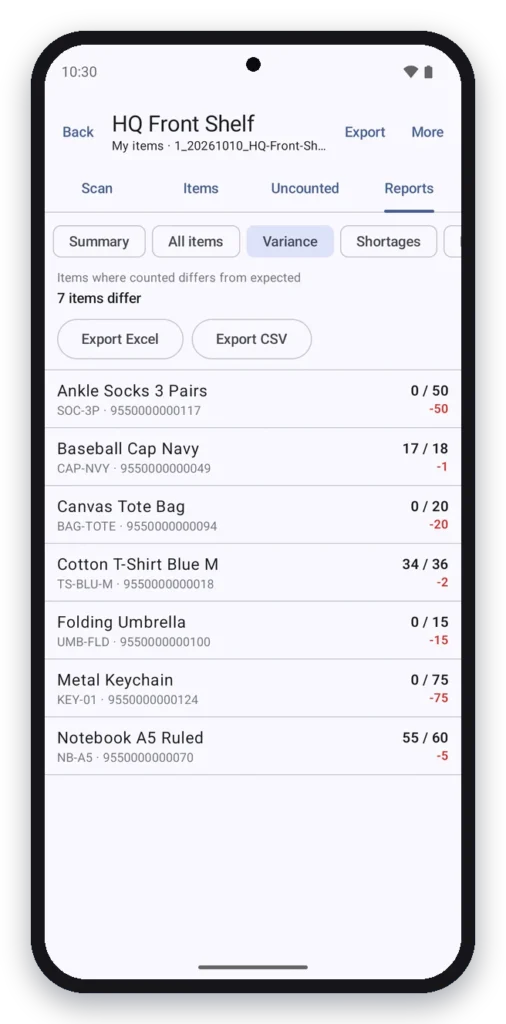 Android stock take app variance report counted vs expected