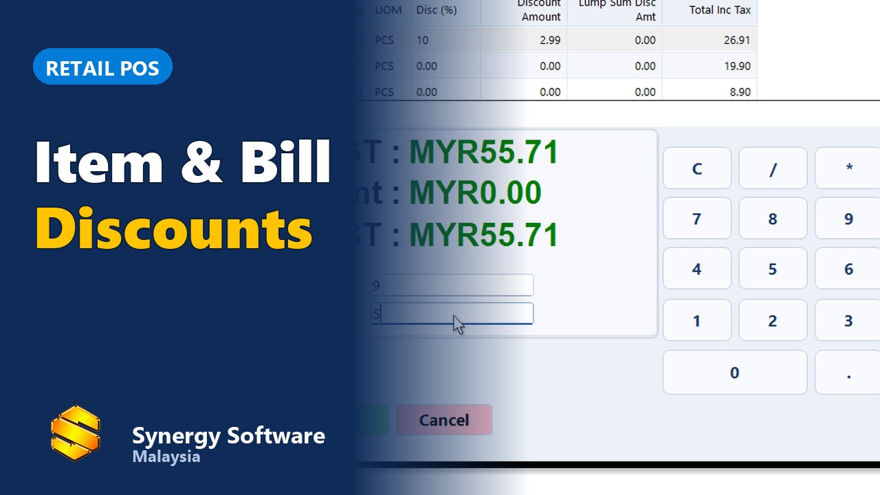 Synergy retail POS screen giving an item discount and a bill discount, sample data