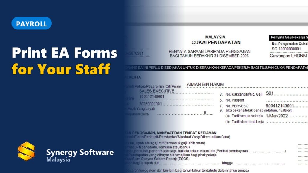 EA form (CP8A) printed from Synergy payroll software, sample employee