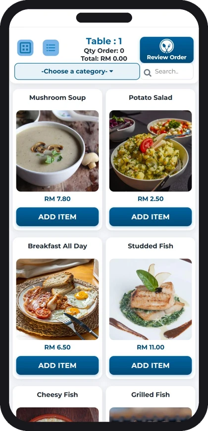QR ordering menu with food photos, categories and search on a phone (sample cafe)