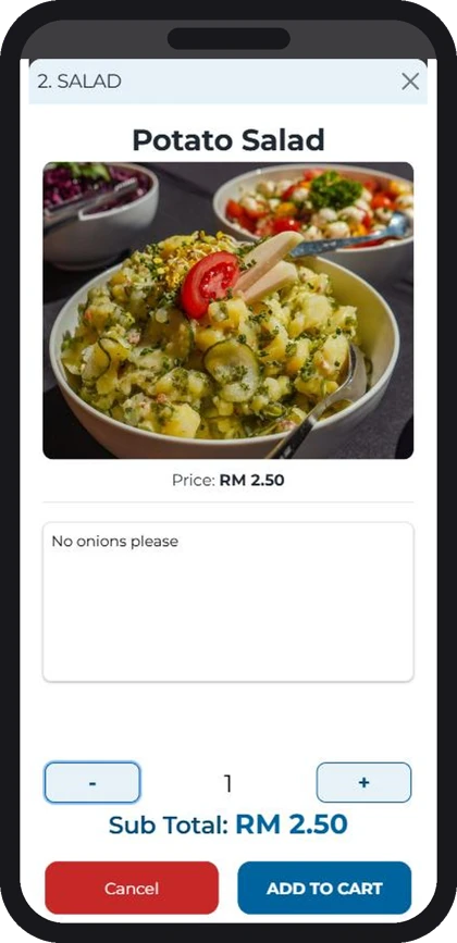 QR ordering item screen with a remark and quantity on a phone (sample data)