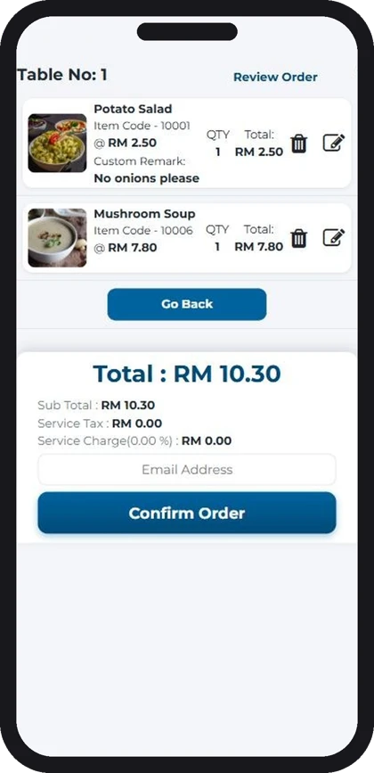 QR ordering review order screen with remark, total and Confirm Order (sample data)