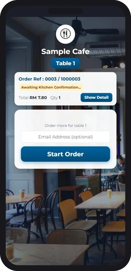 QR order sent to the kitchen, awaiting kitchen confirmation (sample data)