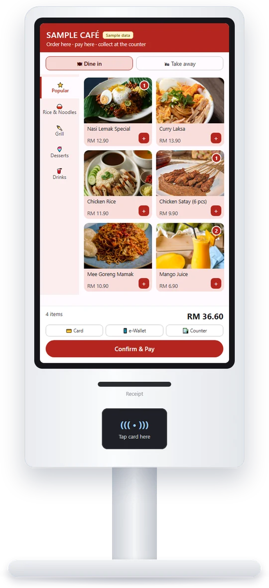 Self-order kiosk for restaurants in Malaysia showing a sample café menu with card and e-wallet payment