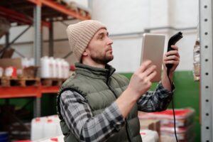 Staff doing a stock take with a barcode scanner