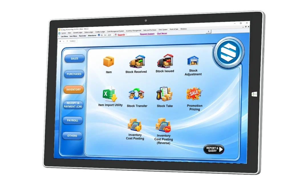 Synergy accounting software inventory menu on a tablet