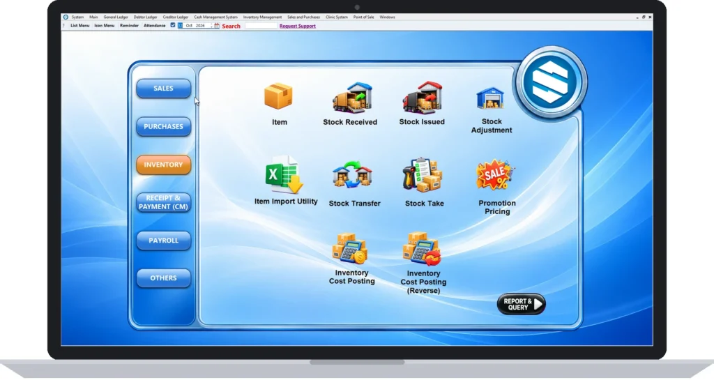 Synergy accounting software inventory menu on a laptop