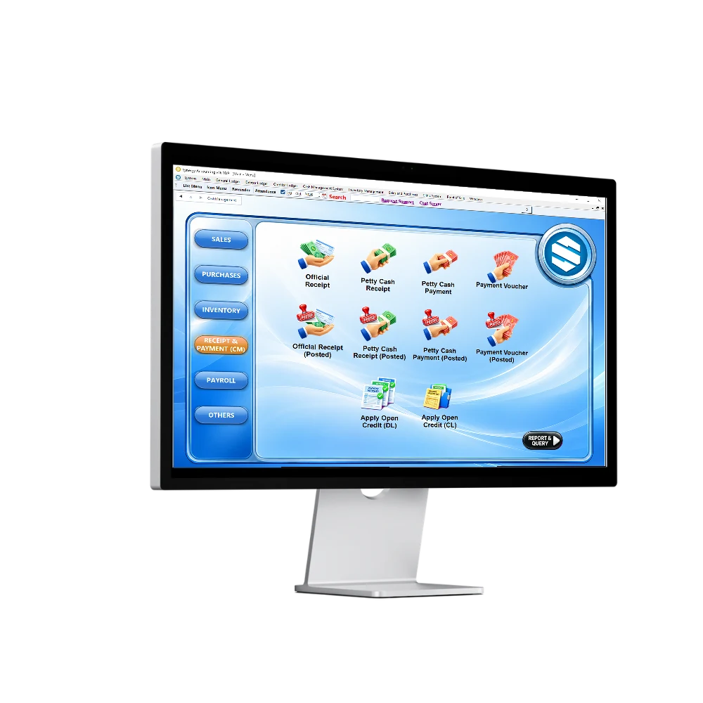 Synergy accounting software receipt and payment menu on a desktop monitor