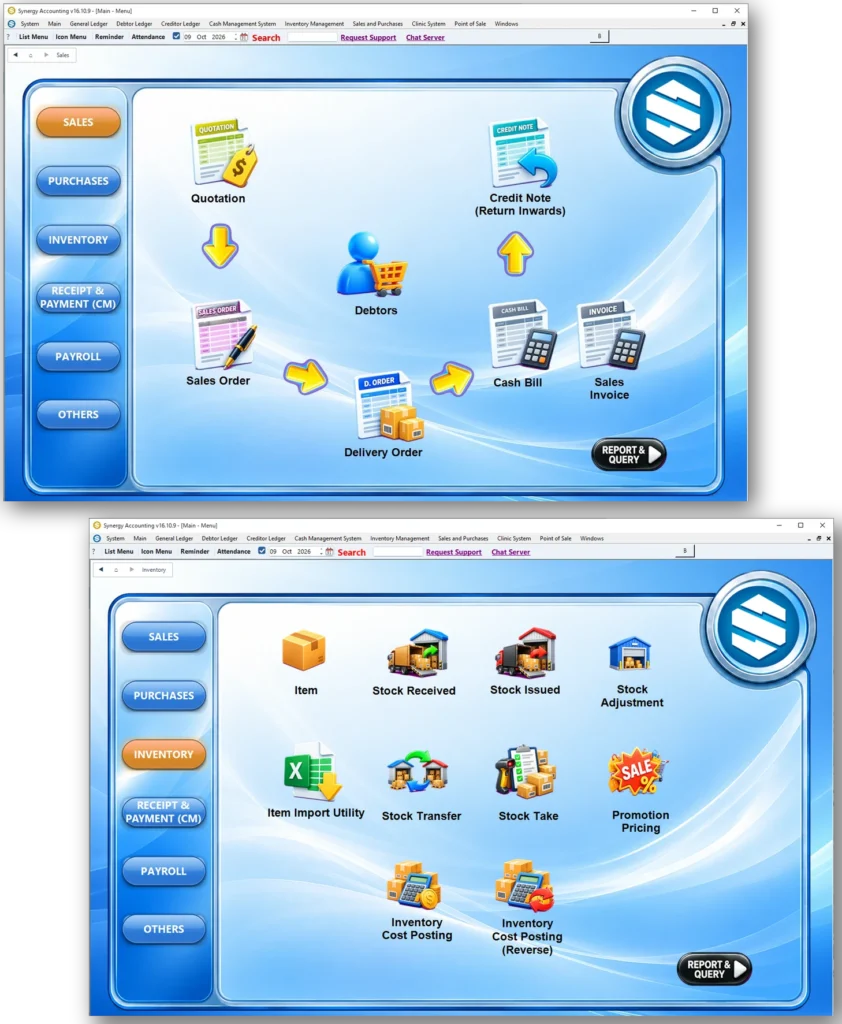 Synergy accounting software sales and inventory menu screens