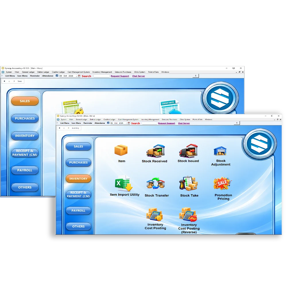 Synergy accounting software sales and inventory menus