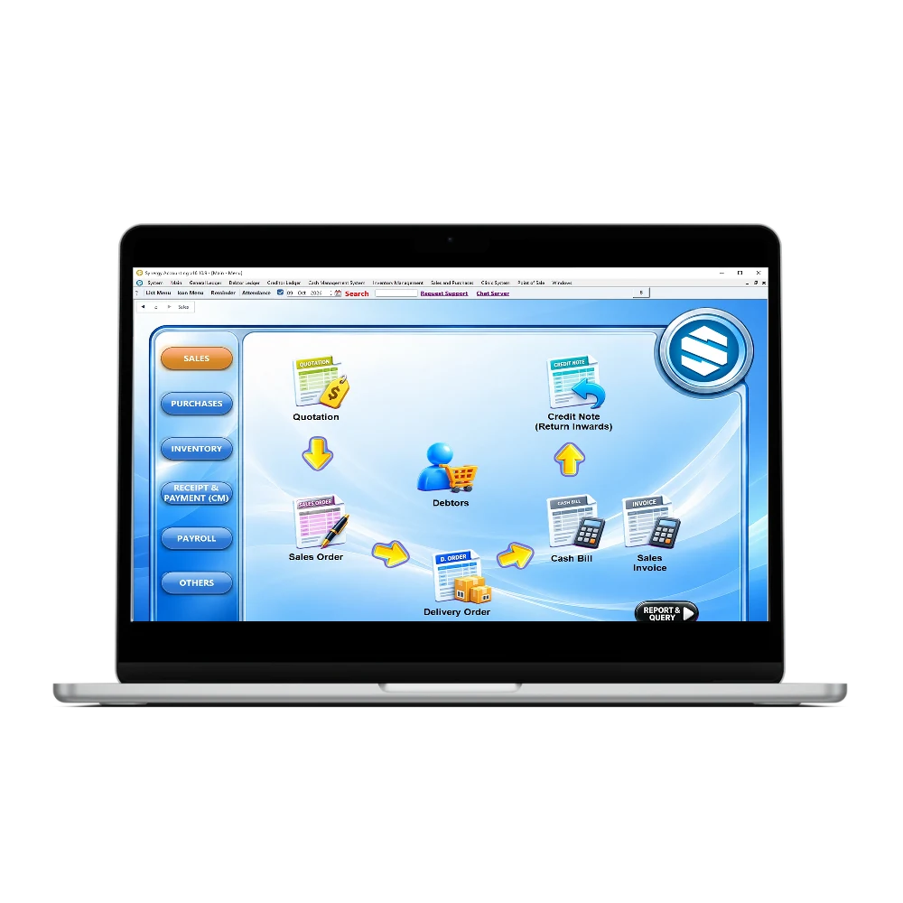 Synergy accounting software sales menu on a laptop