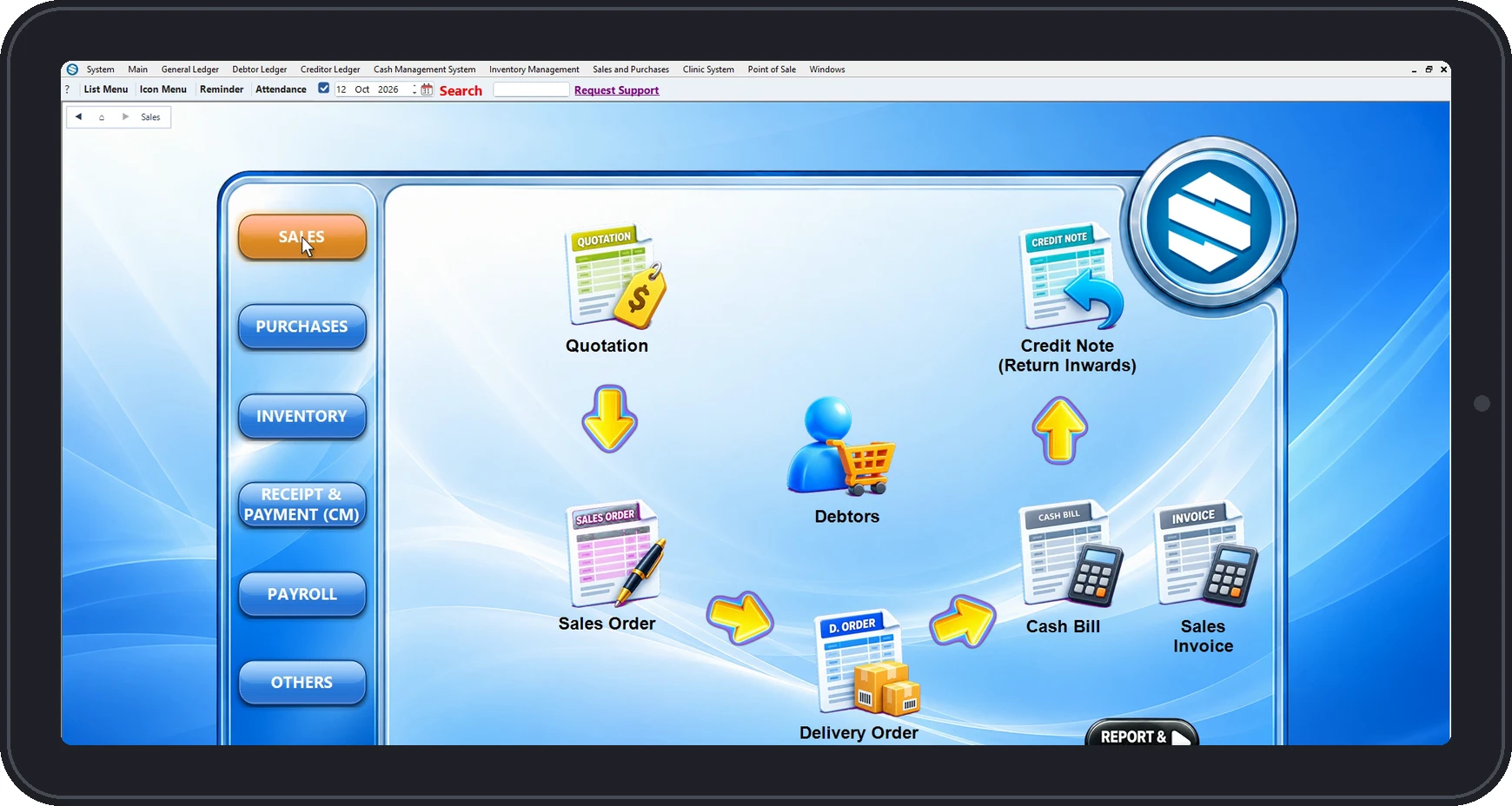 Synergy accounting software sales flow from quotation to invoice on a tablet