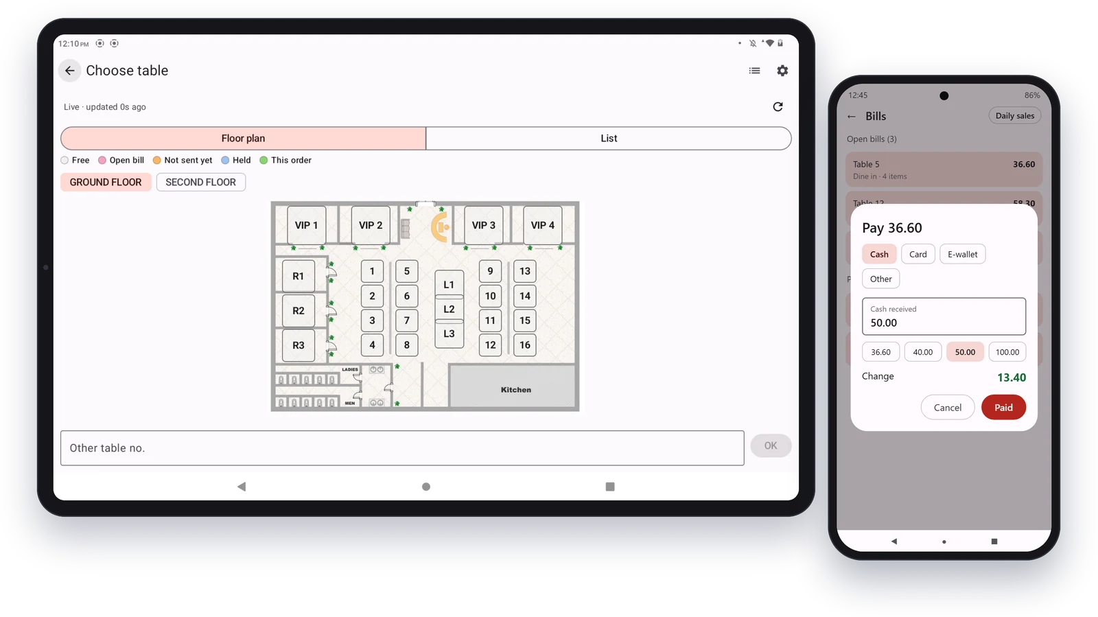 Synergy Android POS: table floor plan on a tablet and bill payment by cash, card or e-wallet on a phone (sample data)