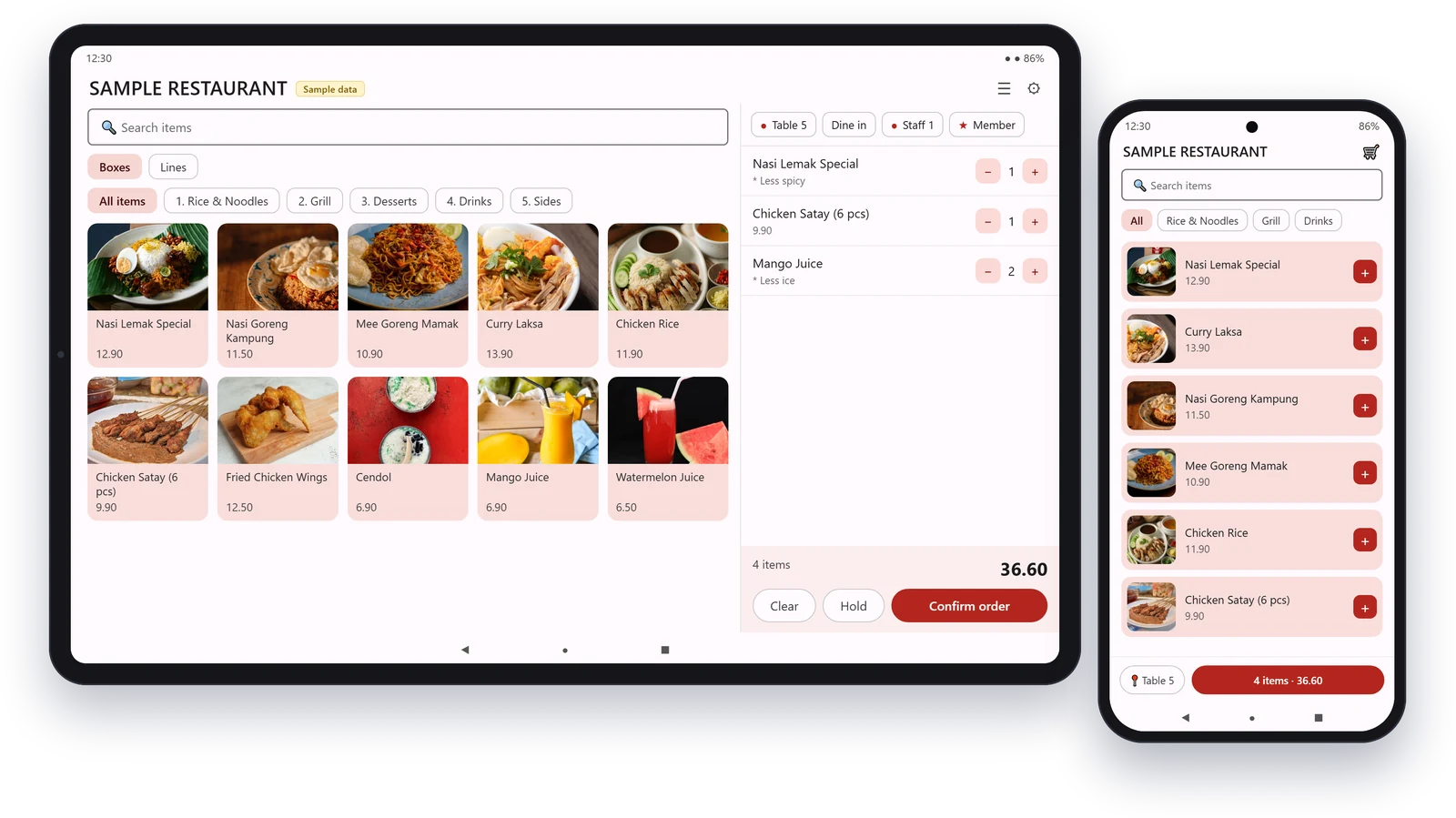 Synergy Android POS on a tablet and a phone: restaurant menu with food photos and an open order (sample data)