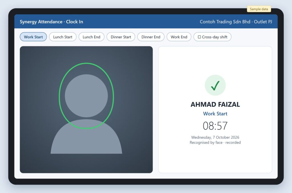 Synergy attendance face recognition clock-in on a tablet (sample data)