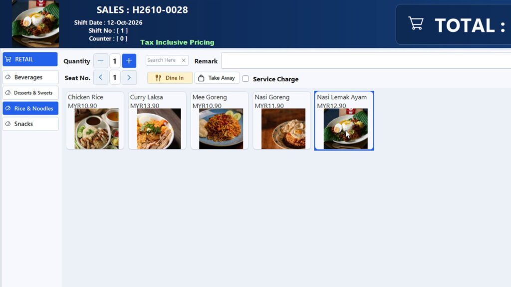 Synergy F&B POS new picture menu for a café, dine-in and takeaway, sample dishes