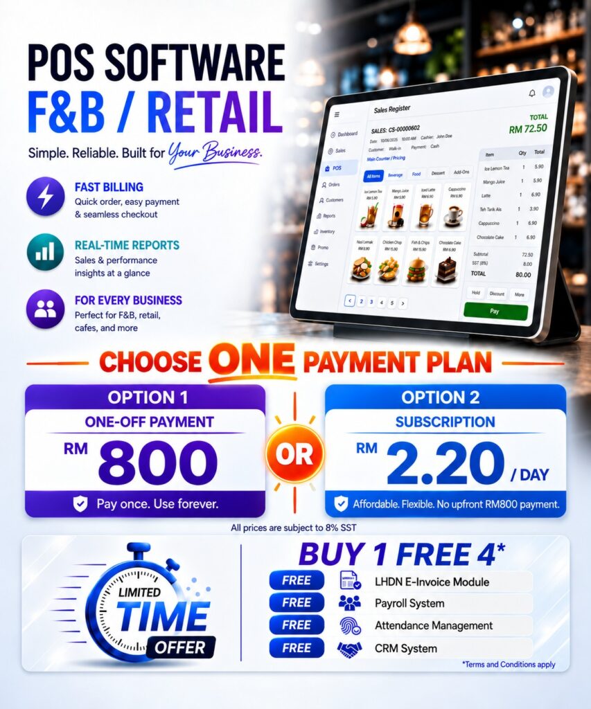 Synergy F&B POS software for restaurants: RM800 one-off payment or RM2.20 per day subscription