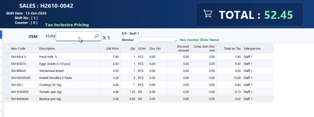 Synergy grocery POS sale with milk, eggs, bread, noodles and produce sold by weight