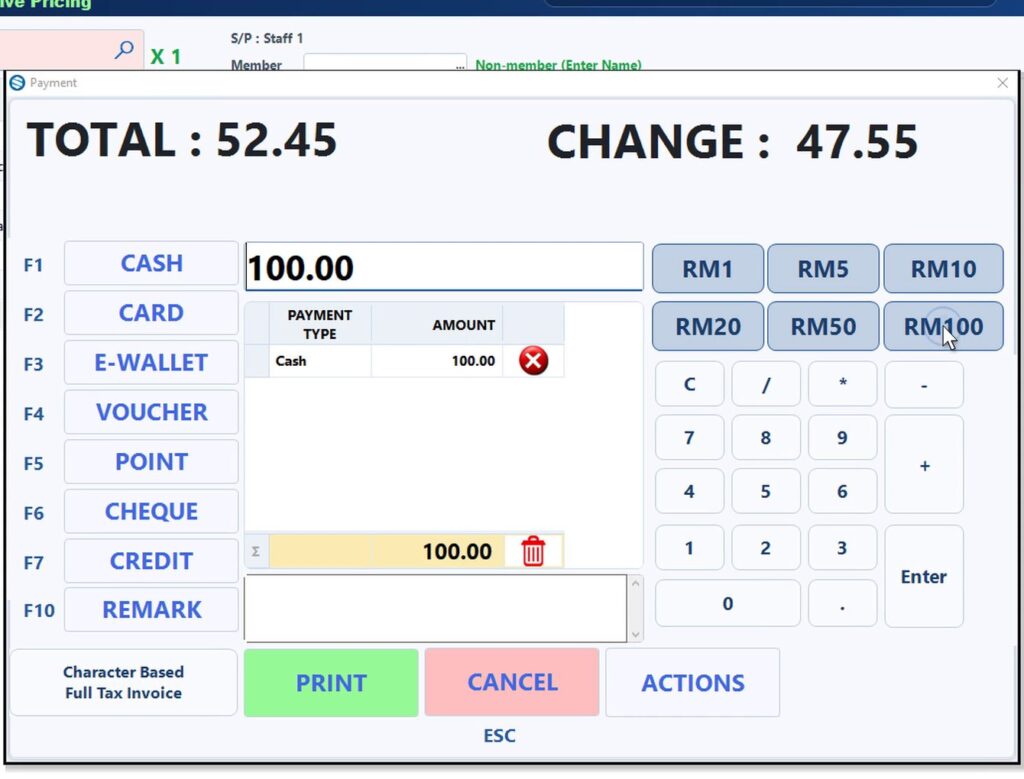 Synergy grocery POS payment screen with cash, card, e-wallet, voucher and points, sample sale