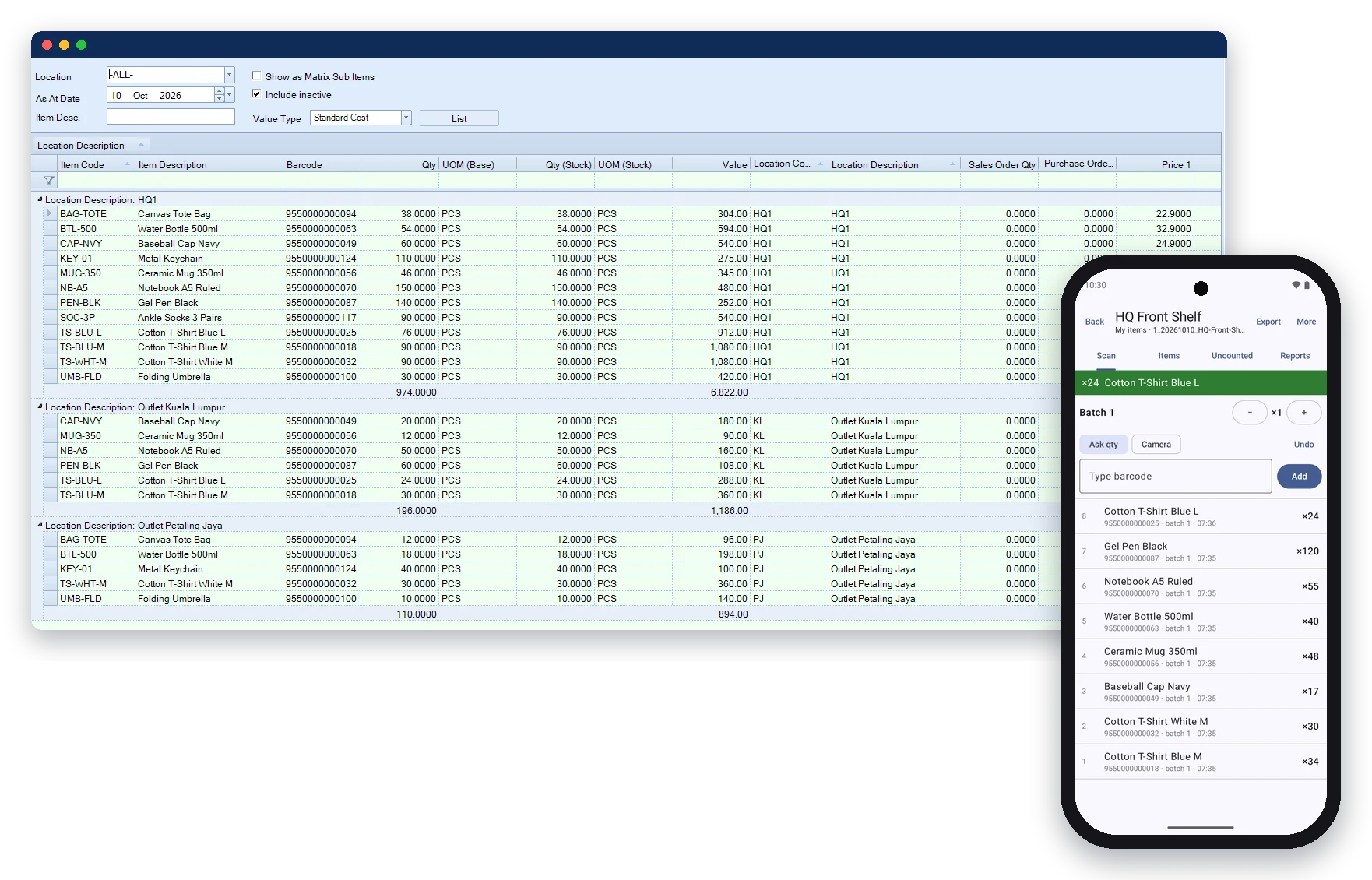 Synergy inventory management software stock balance by branch with the Android stock take app (sample data)