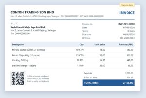 Sample invoice from Synergy billing software with SST and LHDN e-Invoice QR code (sample data)