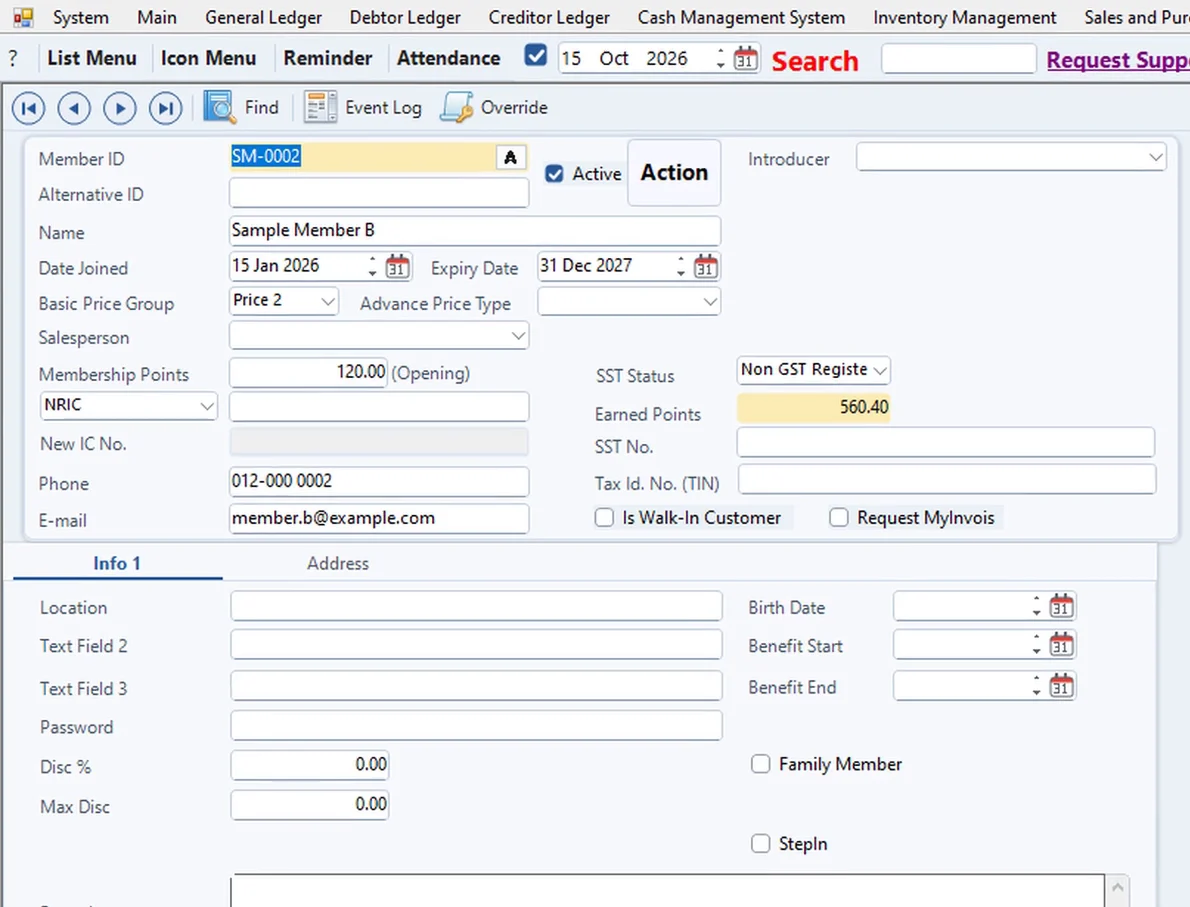 Synergy POS member record with price group, expiry date and points balance (sample member)