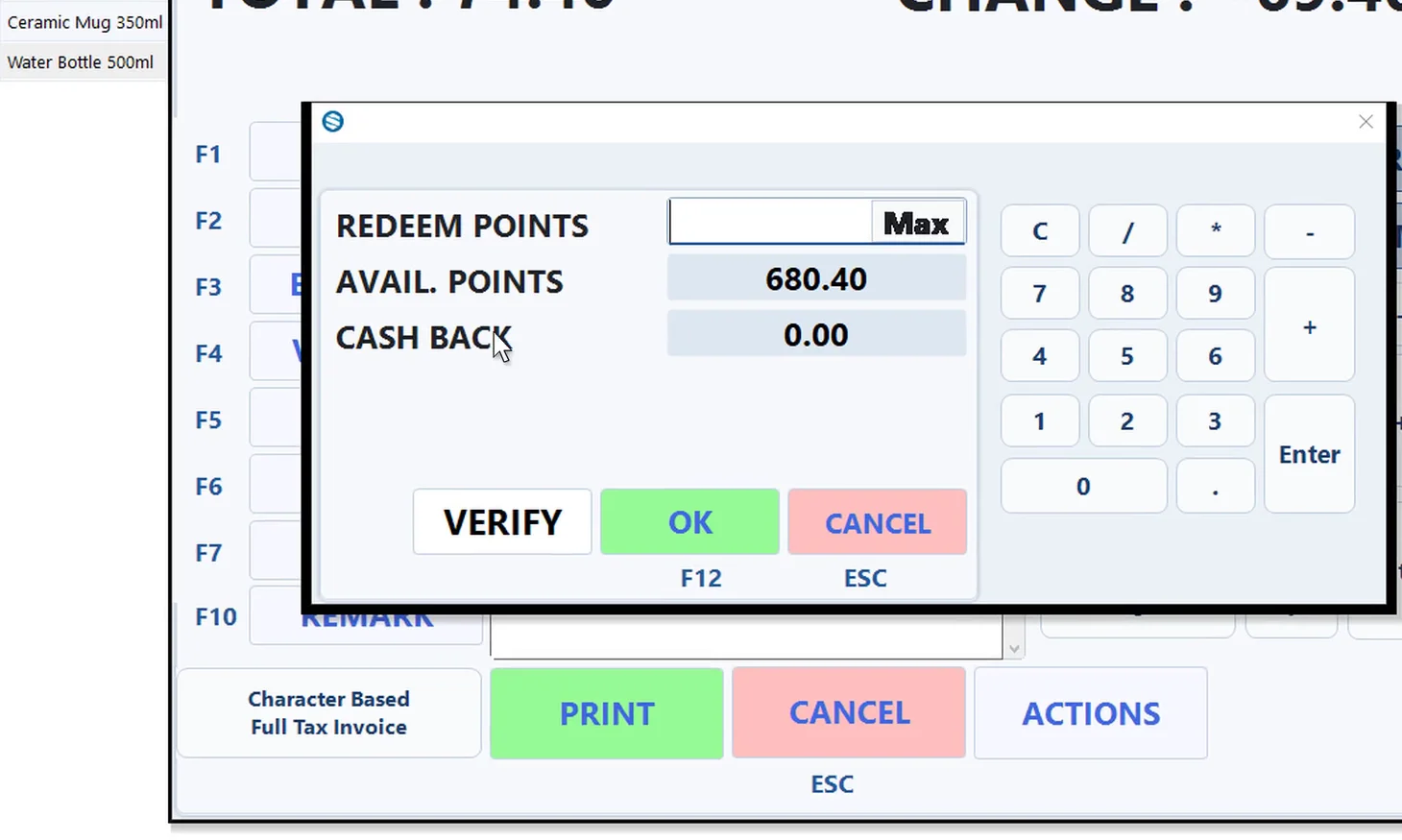 Synergy POS payment screen redeeming member points for cash back (sample data)