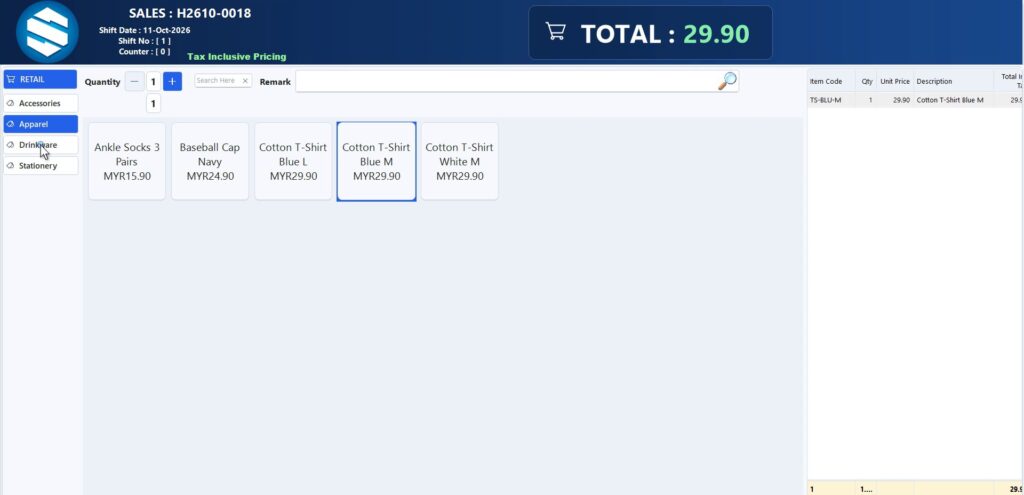 Synergy retail POS new touch screen with item buttons and total, sample items