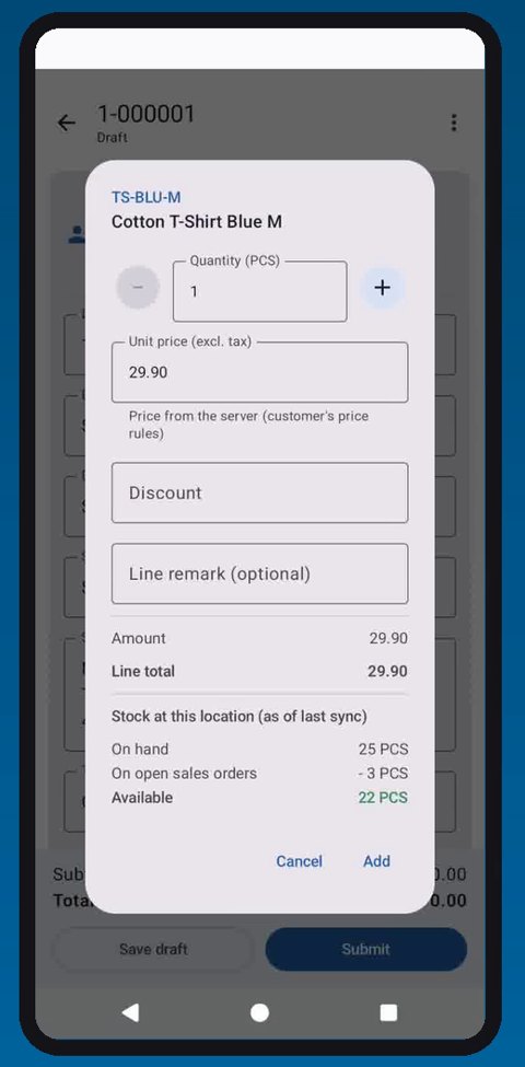 Synergy Sales Android app: step 4 quantity price stock